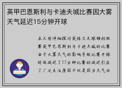 英甲巴恩斯利与卡迪夫城比赛因大雾天气延迟15分钟开球 英甲巴恩斯利与卡迪夫城比赛因大雾天气延迟15分钟开球