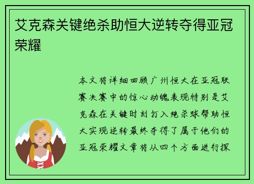 艾克森关键绝杀助恒大逆转夺得亚冠荣耀